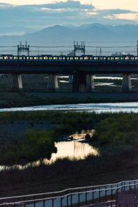 二子玉川　夕日　反射　写真